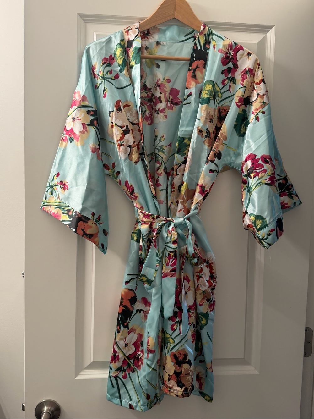 Silk-Feel Floral Robe - Light Blue